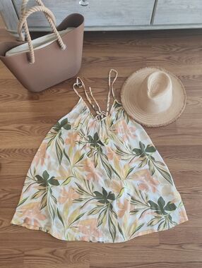Roxy Floral Slip Dress with Peach, Olive & Cream Print